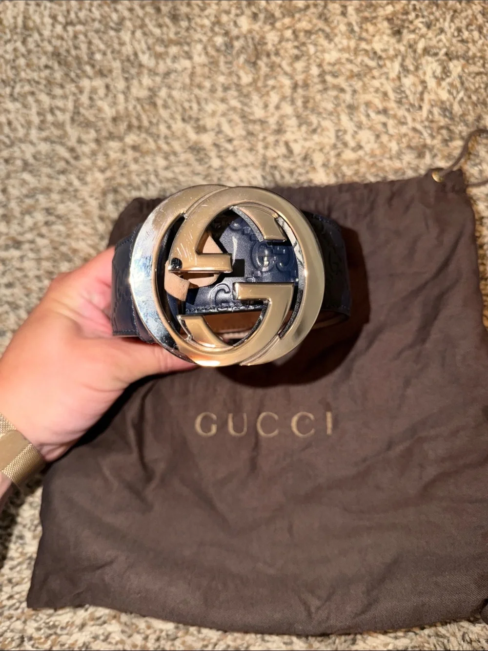 Gucci Navy Leather Men’s Belt with Silver Double G Buckle